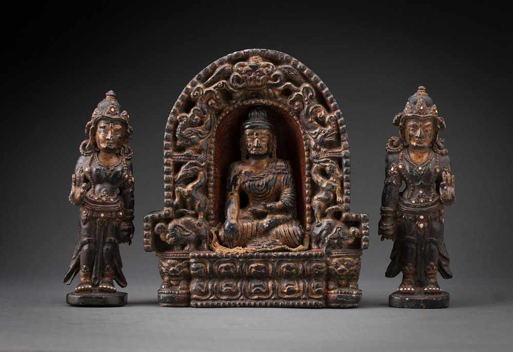 Black Stone Stele Shrine with Separate Buddha and Attendants